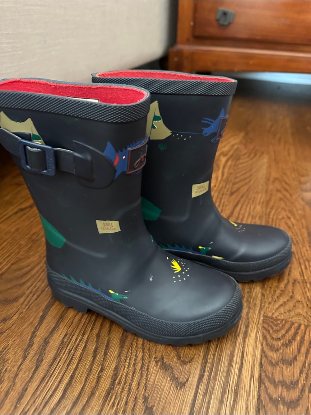 Joules Navy Kids' Scouts Camping Dragon Print Rain Boots with Red Lining